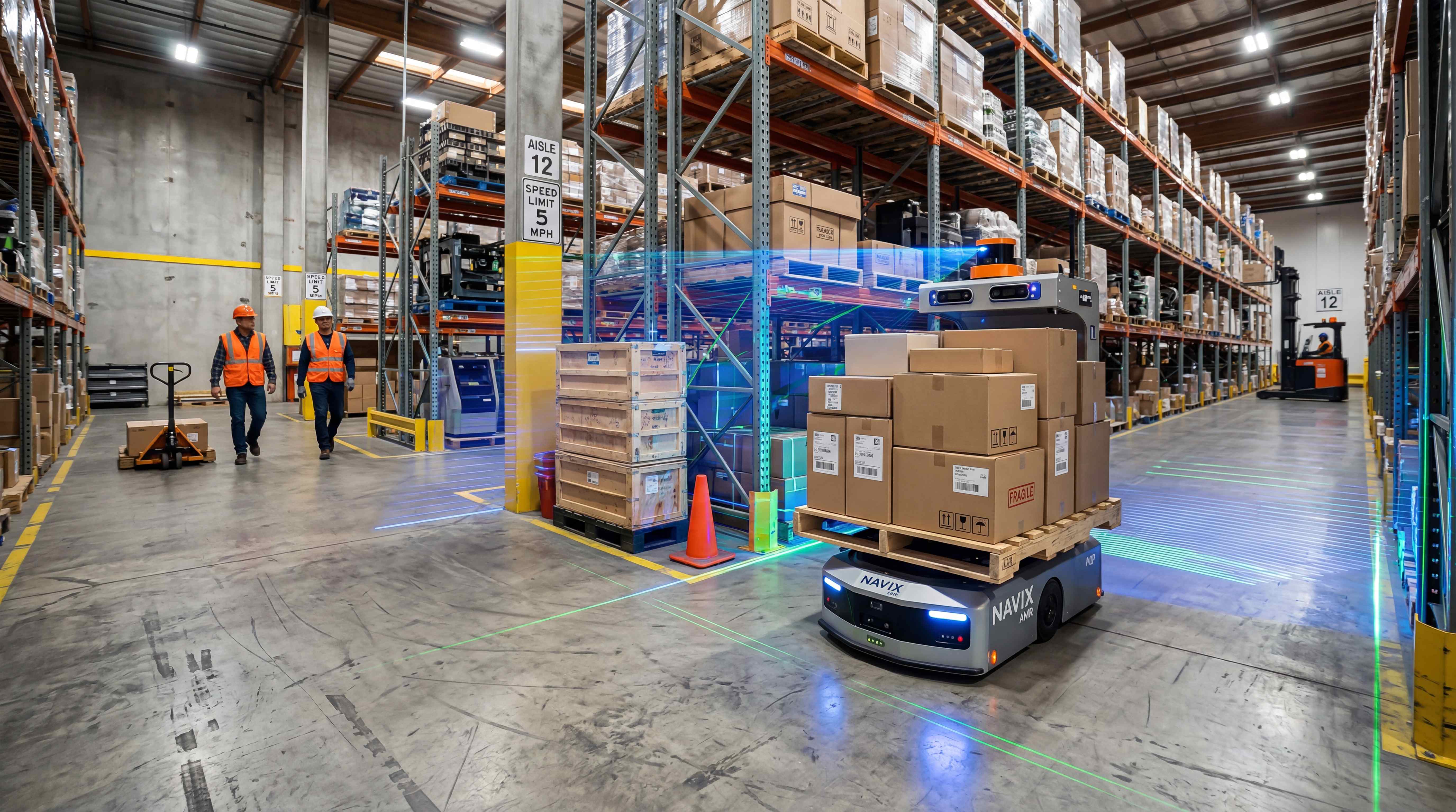 SLAM navigation AMR scanning warehouse aisles while carrying palletized goods